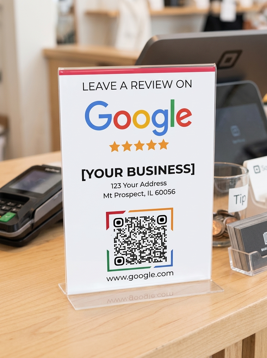 A printed Google review card with QR code displayed on a store checkout counter
